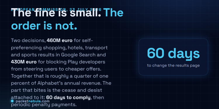 Answer card: the European Commission fined Google 460 million euros for search self-preferencing and 430 million euros for Play anti-steering on 23 July 2026, with 60 days to comply before periodic penalty payments.