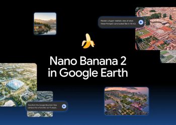 Google promotional image for Nano Banana 2 in Google Earth, showing generated aerial scenes alongside example prompts including rendering the Pompeii ruins as they looked in 78 A.D. and transforming the Google Mountain View campus into a futuristic sci-fi utopia.