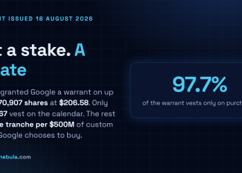 Answer card stating that Marvell issued Google a warrant on 18 August 2026 for up to 58,970,907 shares at an exercise price of 206.58 dollars, of which only 1,360,867 shares vest on the calendar while 97.7 percent vest one tranche at a time for every 500 million dollars of custom silicon Google chooses to buy.