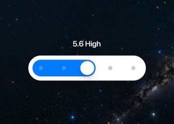 Official OpenAI launch artwork for the ChatGPT update: a large white pill-shaped slider on a starfield, its blue fill stopping at the third of five stops, labelled 5.6 High.