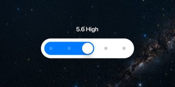 Official OpenAI launch artwork for the ChatGPT update: a large white pill-shaped slider on a starfield, its blue fill stopping at the third of five stops, labelled 5.6 High.