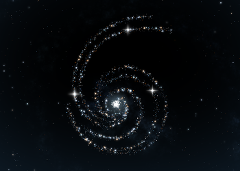 OpenAI announcement image for GPT-6 Astra, a spiral galaxy of white, blue and amber points of light curling around a bright core on a near black star field.