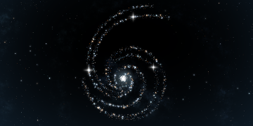 OpenAI announcement image for GPT-6 Astra, a spiral galaxy of white, blue and amber points of light curling around a bright core on a near black star field.