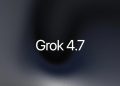 The official xAI announcement card for Grok 4.7, white type on a dark grey and navy gradient.