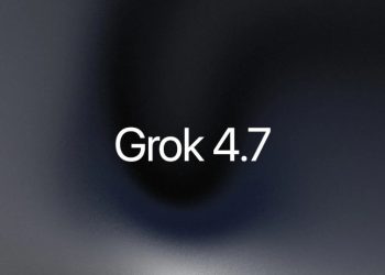The official xAI announcement card for Grok 4.7, white type on a dark grey and navy gradient.