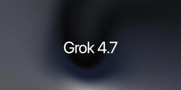 The official xAI announcement card for Grok 4.7, white type on a dark grey and navy gradient.