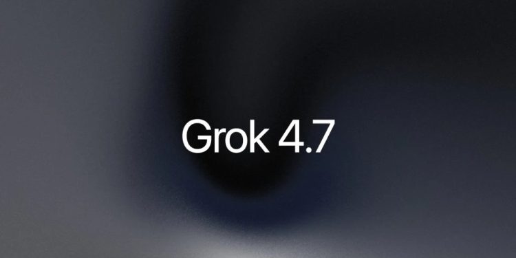 The official xAI announcement card for Grok 4.7, white type on a dark grey and navy gradient.