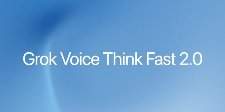 Official xAI announcement artwork for Grok Voice Think Fast 2.0, the model name set over the dark xAI release graphic.