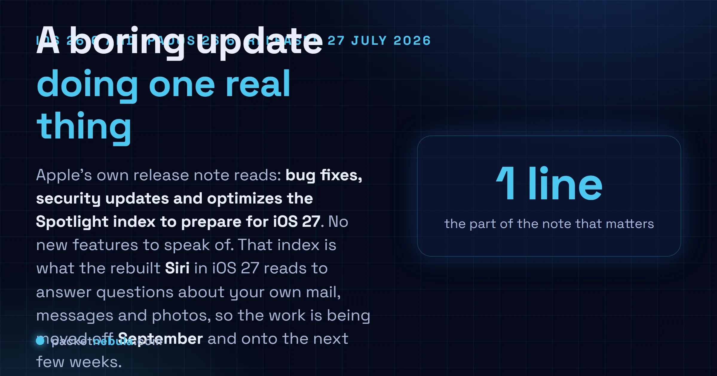 Answer card: Apple released iOS 26.6 and iPadOS 26.6 on 27 July 2026, with a release note covering bug fixes, security updates and an optimized Spotlight index to prepare for iOS 27, the index the rebuilt Siri reads for personal context.