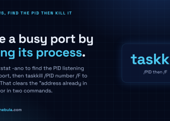 Answer card: free a busy port on Windows by finding the PID with netstat -ano then running taskkill /PID number /F.