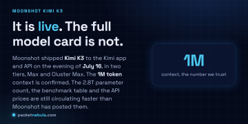 Answer card: Moonshot shipped Kimi K3 to the Kimi app and API on the evening of July 16 in Max and Cluster Max tiers, with a confirmed 1M token context, while the 2.8T parameter count, benchmark table and API prices are still circulating rather than officially posted.