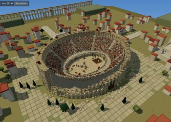 Voxel Colosseum scene rendered in a browser demo generated by Kimi K3, showing a Roman amphitheatre packed with crowds inside a blocky city, with an FPS 120 overlay in the corner.