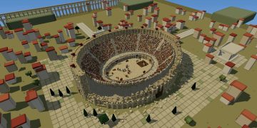 Voxel Colosseum scene rendered in a browser demo generated by Kimi K3, showing a Roman amphitheatre packed with crowds inside a blocky city, with an FPS 120 overlay in the corner.