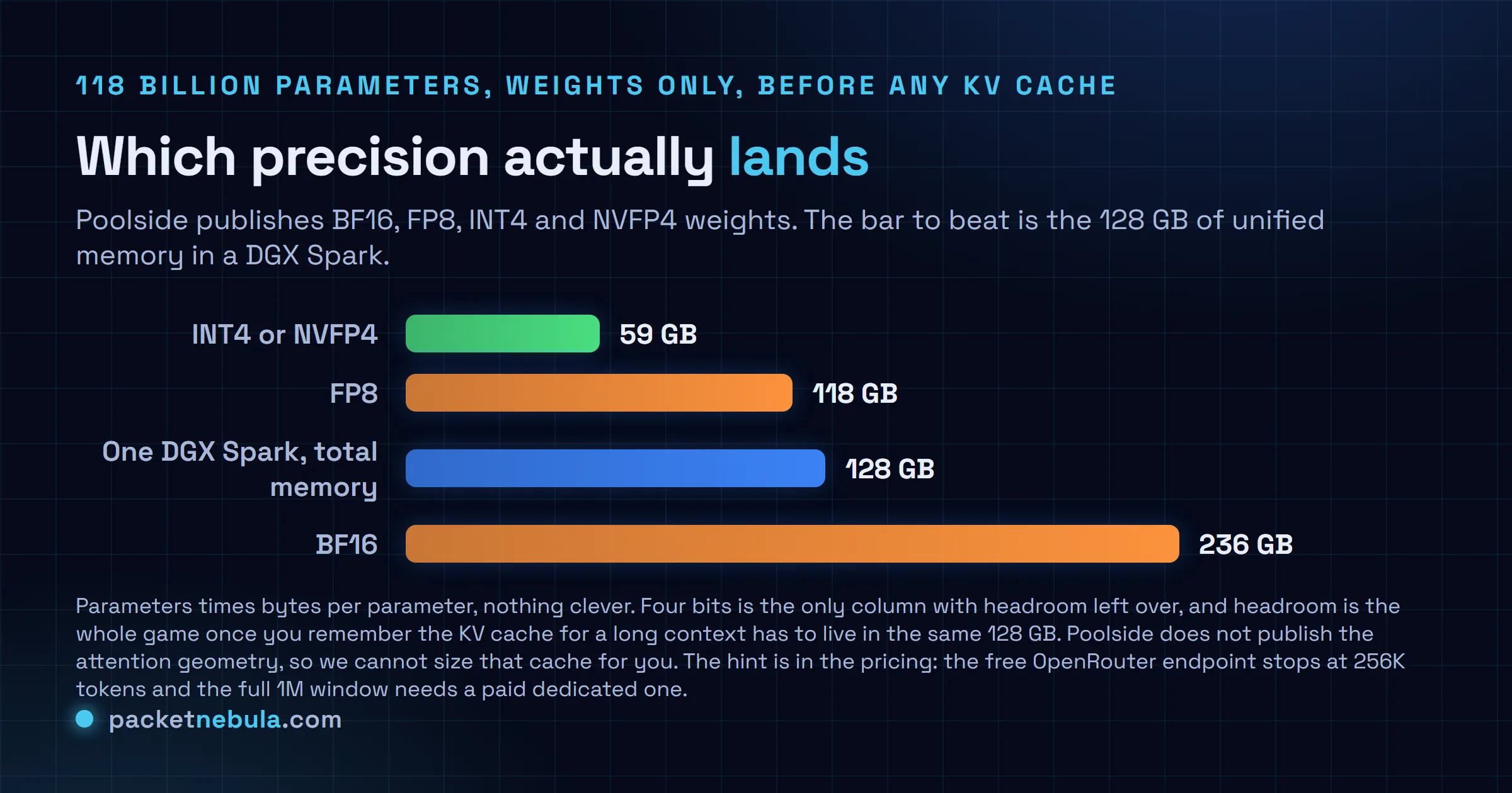 Comparison of Laguna S 2.1 weight footprints by precision, 59 GB at INT4 or NVFP4, 118 GB at FP8 and 236 GB at BF16, against the 128 GB of unified memory in a DGX Spark.