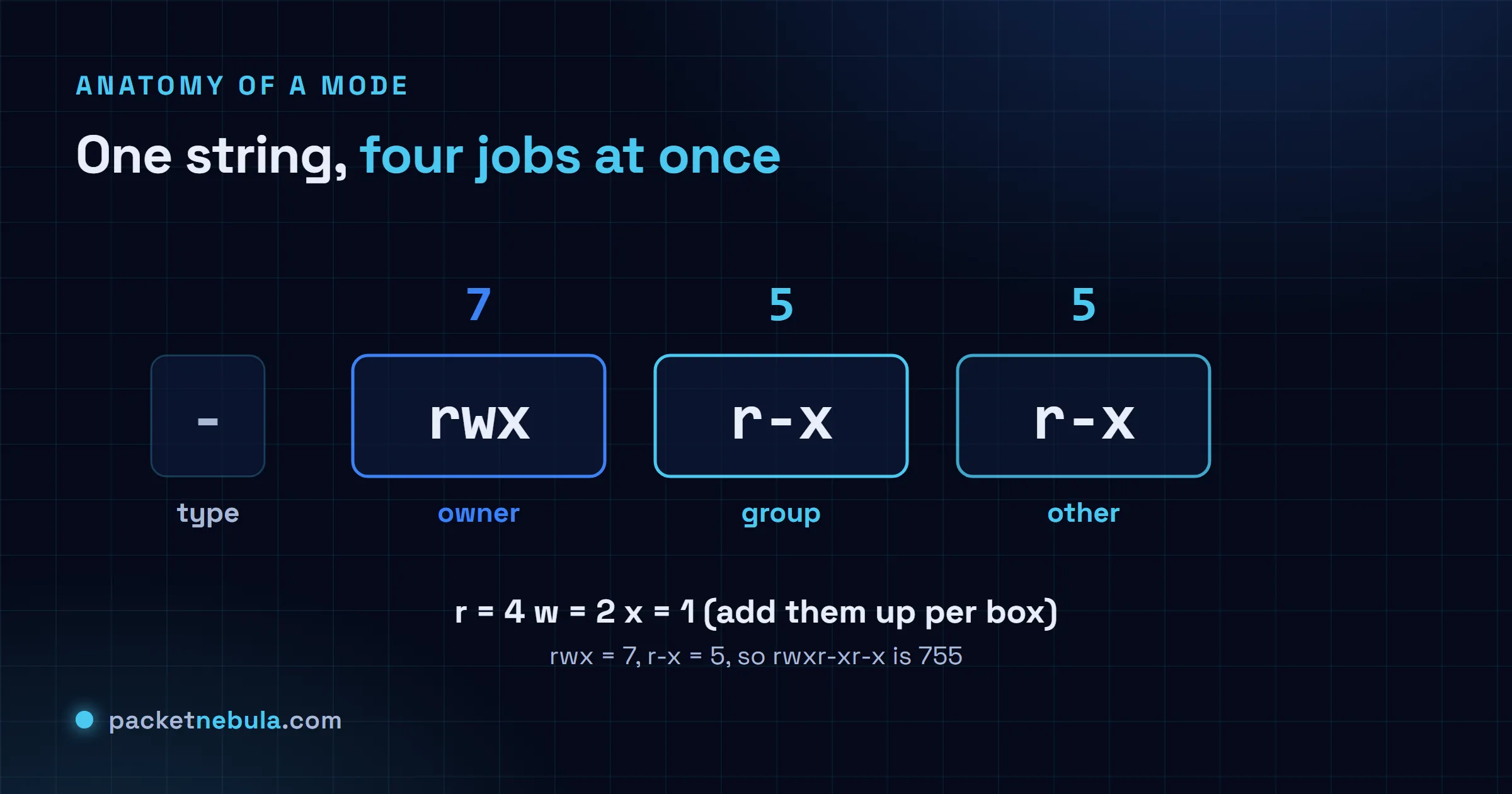 Diagram breaking rwxr-xr-x into a type character plus three triads (owner, group, other), each showing read, write and execute, with the octal value 755 underneath.