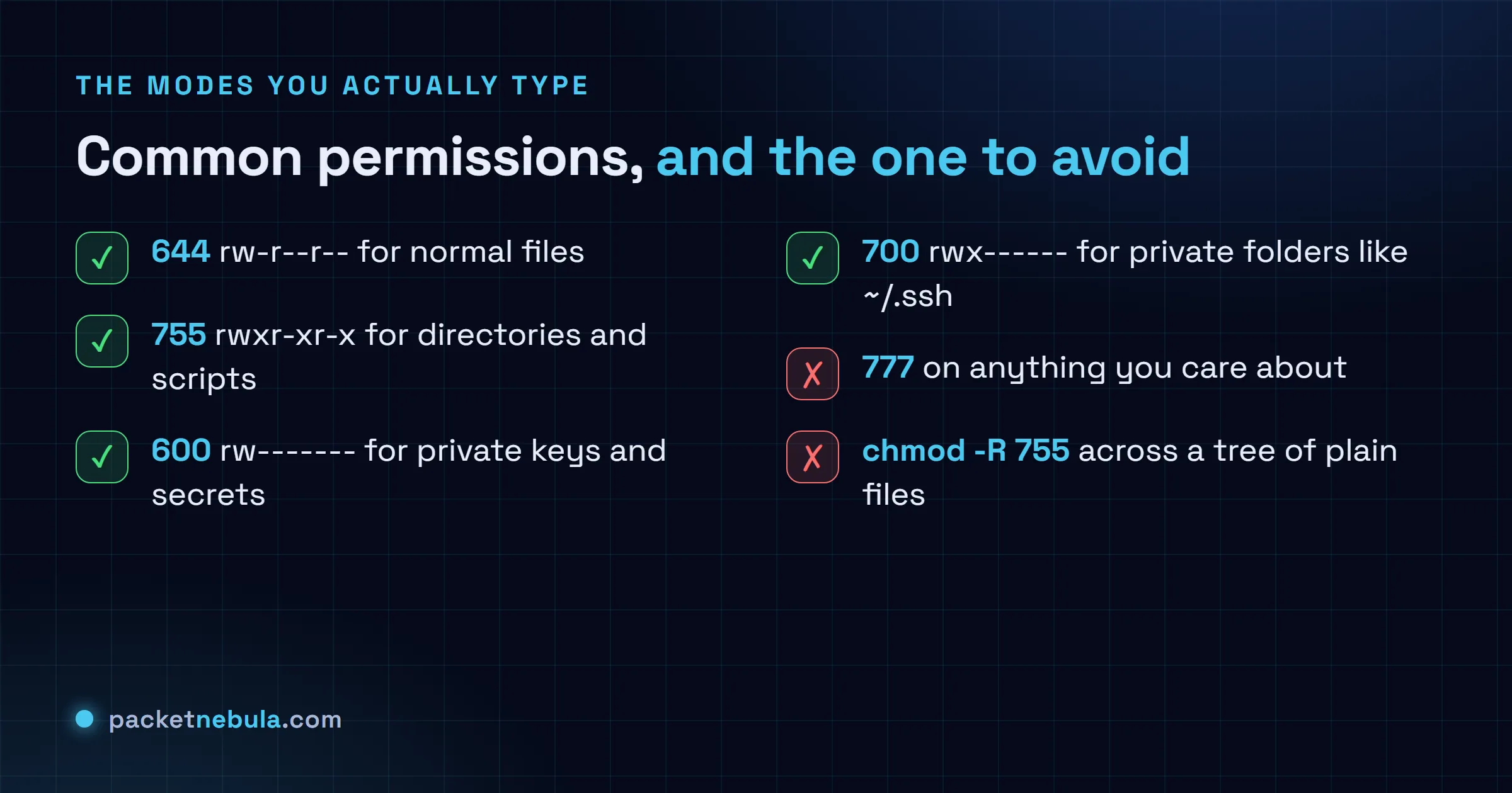 Checklist of common permission modes: 644 for files, 755 for directories and scripts, 600 for private keys, 700 for private folders, and a warning against blanket 777.