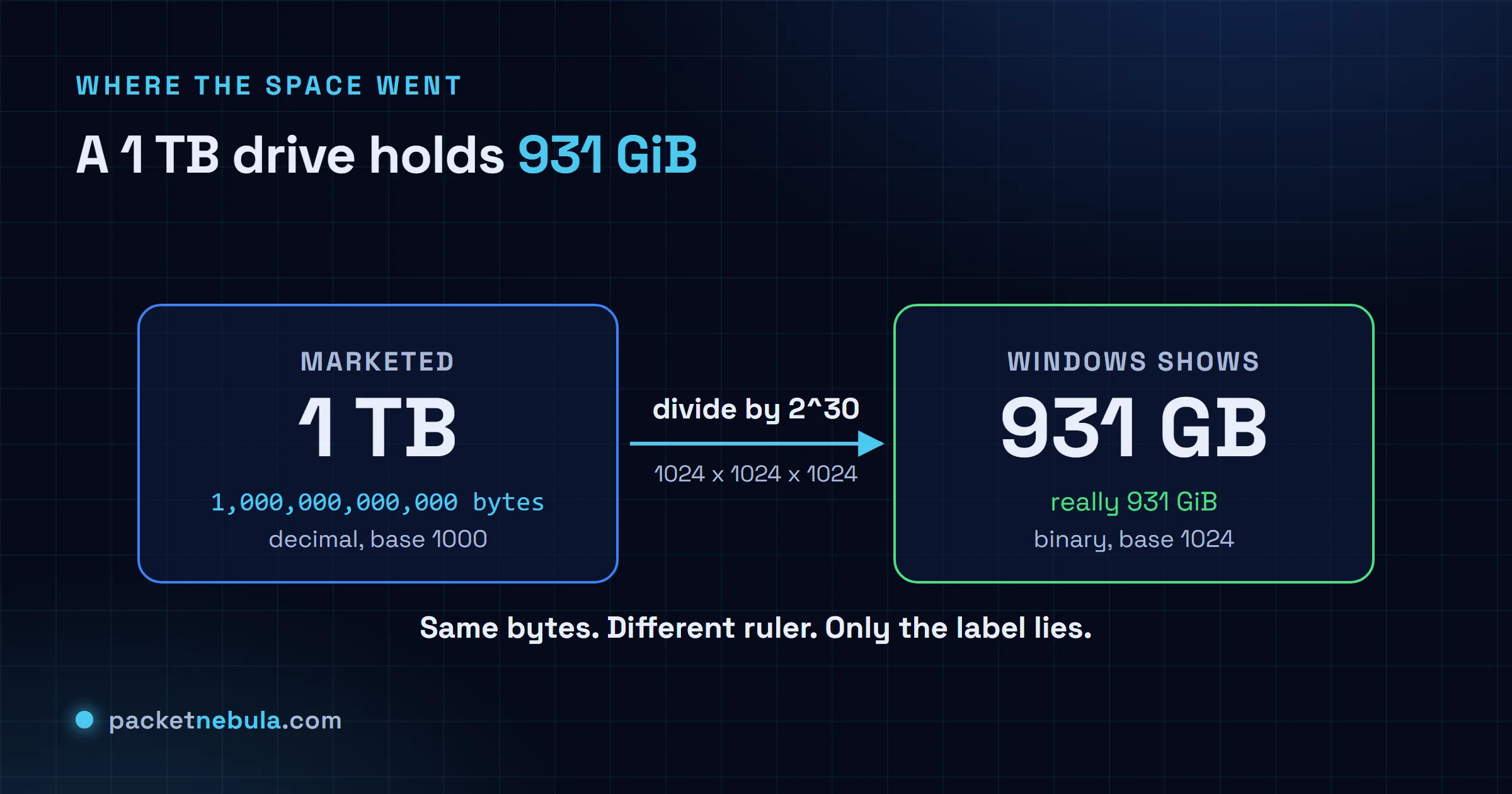 Diagram: a 1 TB drive marketed as 1,000,000,000,000 decimal bytes, divided by 2 to the 30, equals 931 GiB, which Windows displays as 931 GB.
