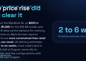Answer card: Bloomberg reported on 2 August 2026 that the M5 MacBook Air is in major shortage two months after Apple raised its price to $1,299, with US delivery estimates of two to six weeks and the higher memory configurations waiting longest.