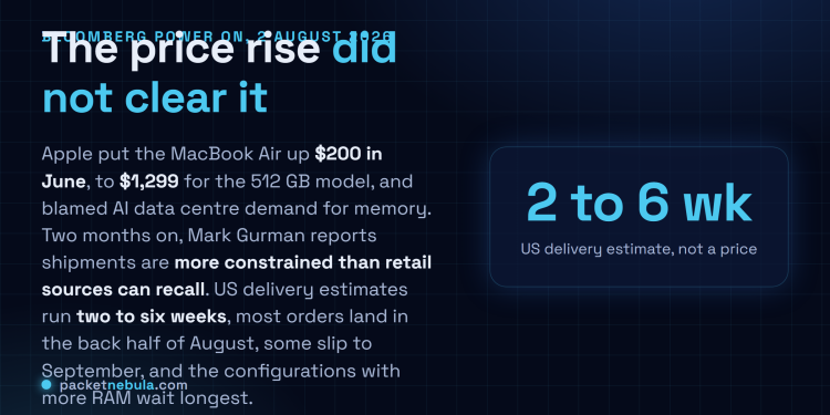 Answer card: Bloomberg reported on 2 August 2026 that the M5 MacBook Air is in major shortage two months after Apple raised its price to $1,299, with US delivery estimates of two to six weeks and the higher memory configurations waiting longest.