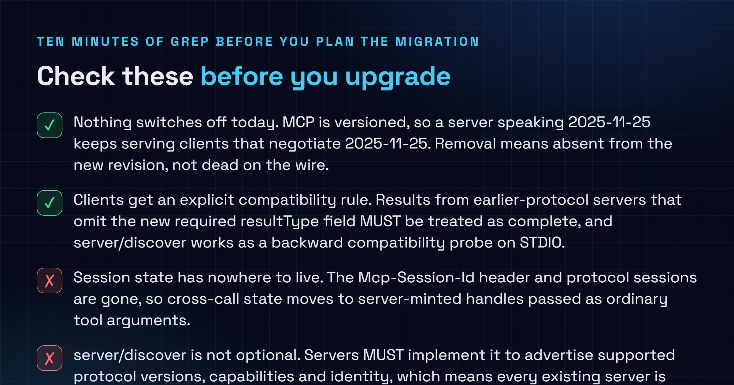 Checklist of what to verify before upgrading to MCP 2026-07-28, covering session state, the server discover RPC, required headers, error code matching, cacheable list results and the deprecated feature set.