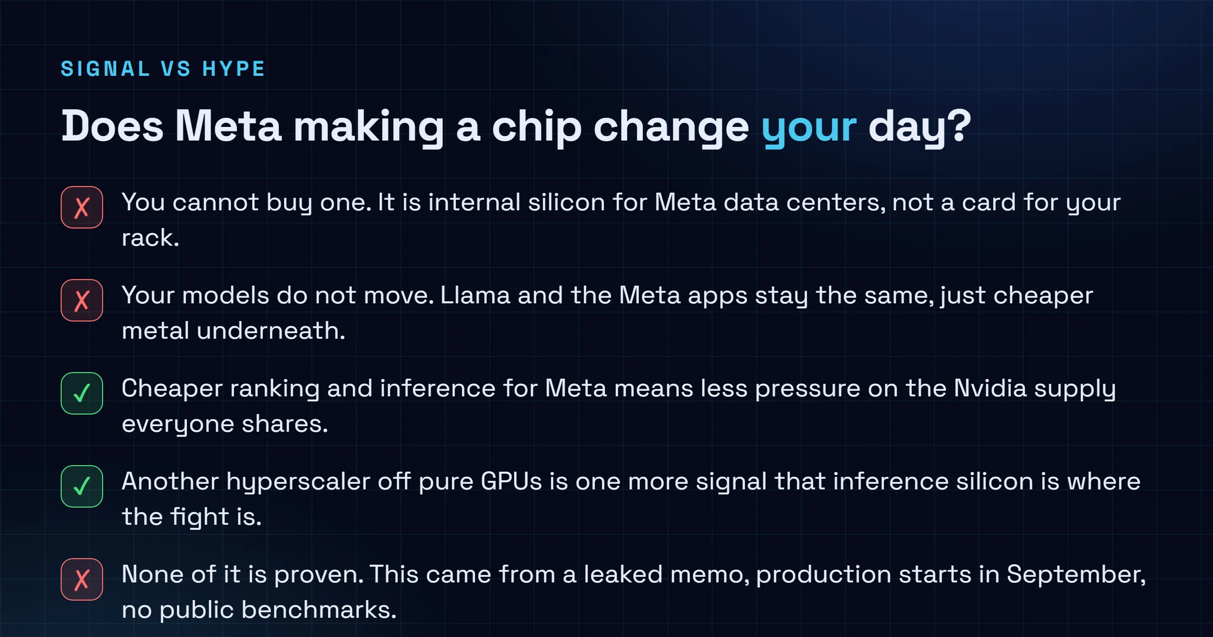 Checklist of what Meta's Iris chip does and does not change for you: you cannot buy it and Meta's models do not move, but cheaper in-house inference eases pressure on shared Nvidia supply and signals inference silicon is where the fight is, and none of it is proven yet.