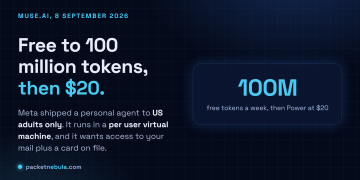 Answer card for Meta Muse, free to 100 million tokens a week then $20 a month, launched 8 September 2026 for United States adults only, running in a dedicated per user virtual machine.
