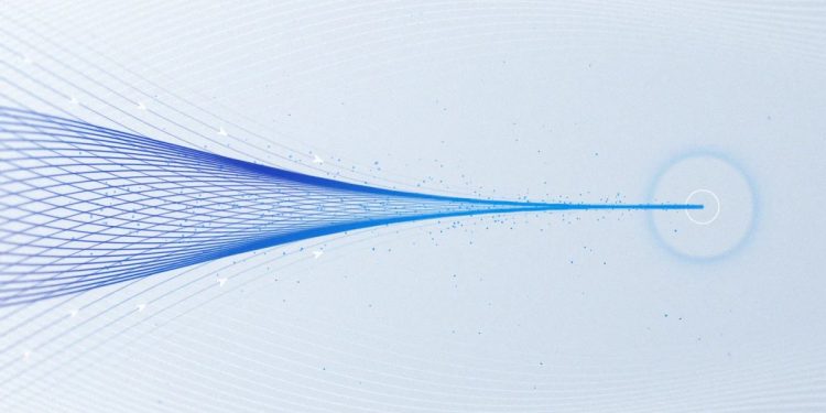 Official Meta launch artwork for Muse Code and Muse Spark 1.2: a fan of blue lines on a pale background converging into one line that ends inside a small ring.