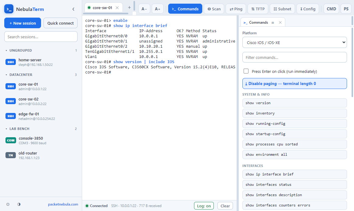 NebulaTerm command cheat-sheet panel showing Cisco show commands grouped by category.