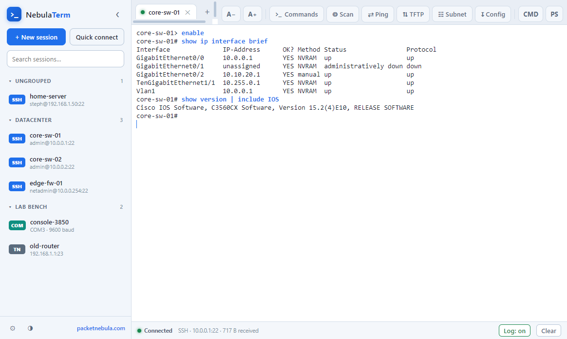 NebulaTerm main window: an SSH session with the typed commands highlighted in blue, tabs across the top, and the docked toolbox on the side.