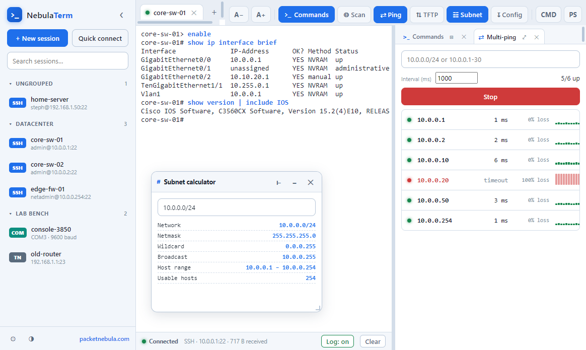 NebulaTerm toolbox: a multi-ping sweep across an address range with per-host sparklines, next to the built-in subnet calculator.