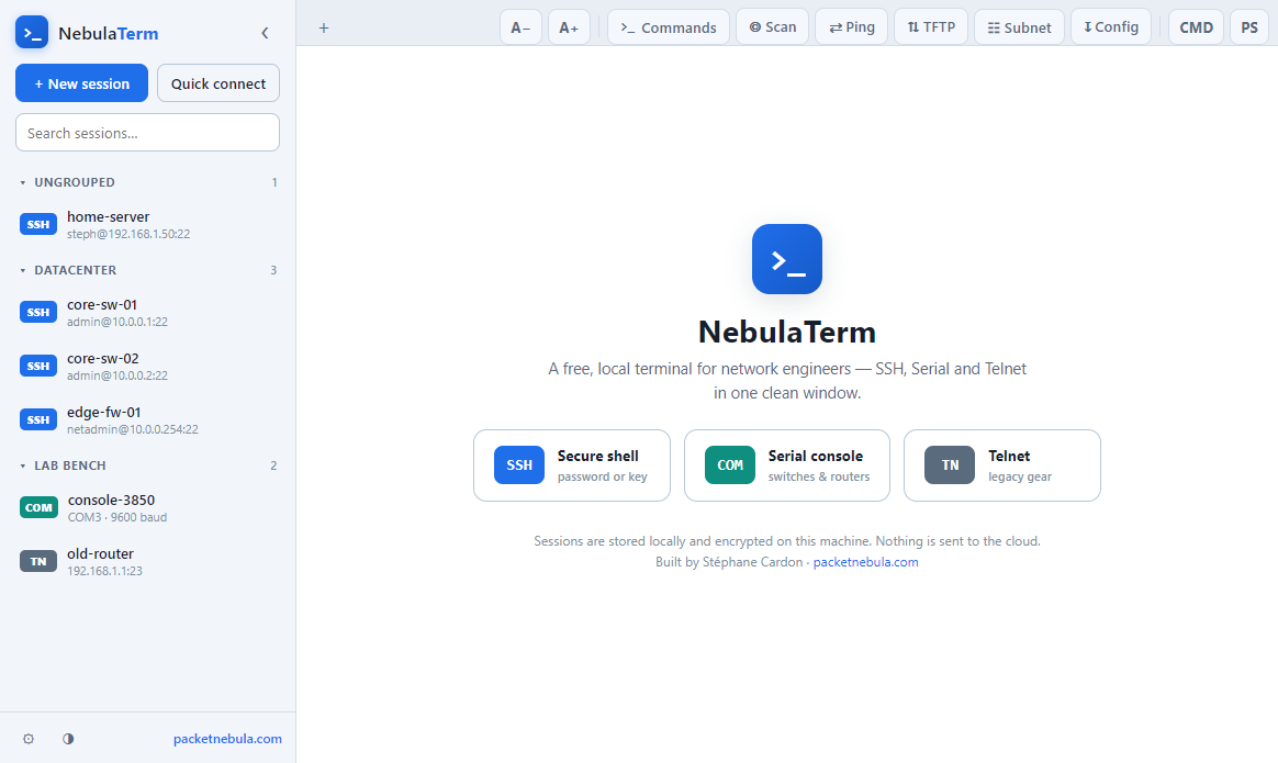 NebulaTerm welcome screen with quick access to new SSH, serial and Telnet sessions and the saved session list.
