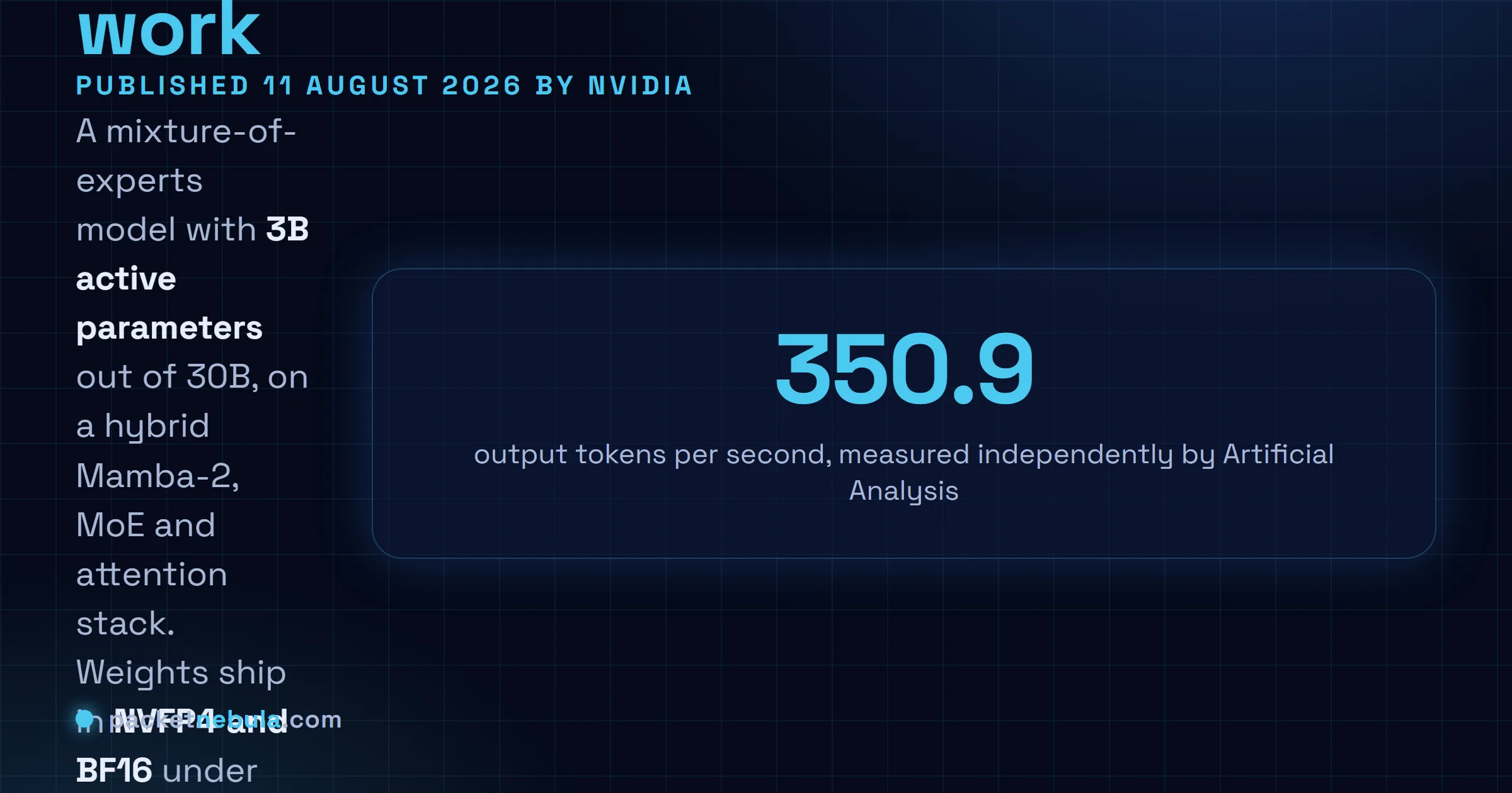 Answer card: NVIDIA released Nemotron 3.5 Lightning on 11 August 2026, a 30 billion parameter mixture of experts model with 3 billion active parameters on a hybrid Mamba-2, MoE and attention stack, published under the OpenMDW licence version 1.1 with NVFP4 and BF16 checkpoints on Hugging Face, measured independently at 350.9 output tokens per second.