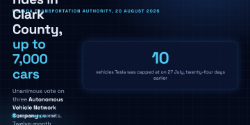 Answer card summarising the Nevada Transportation Authority vote of 20 August 2026 granting Autonomous Vehicle Network Company permits to Tesla, Waymo and Uber for paid robotaxi rides in Clark County, with twelve-month caps of 5,000, 1,000 and 1,000 vehicles.