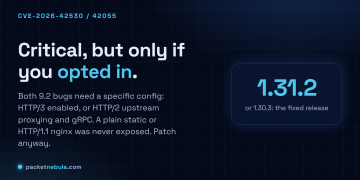 Answer card: the June 2026 nginx CVEs are critical but only affect HTTP/3 or HTTP/2-upstream/gRPC configs; a default static or HTTP/1.1 nginx is not exposed.