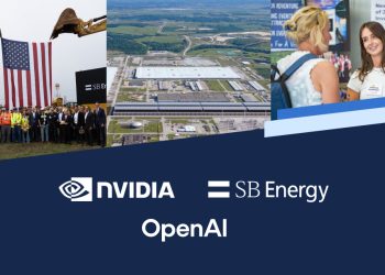 Official joint announcement card from SB Energy showing three photographs across the top, a groundbreaking ceremony with excavators holding a large US flag over a group in hard hats beside SoftBank and SB Energy banners, an aerial view of a large industrial campus, and two women at a community jobs event, above a dark navy panel carrying the NVIDIA, SB Energy and OpenAI logos.