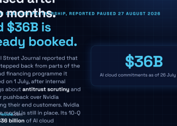 Answer card stating that the Wall Street Journal reported on 27 August 2026 that Nvidia stepped back from parts of the AI Compute Partnership financing programme launched on 1 July, after internal warnings about antitrust scrutiny and provider pushback over Nvidia approving their end customers, that Nvidia says the business model is still in place, and that its quarterly filing books 36 billion dollars of AI cloud agreements with none of it before fiscal 2028.