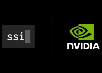 Official co-branded announcement image for the partnership, the ssi wordmark on a dark card beside the green Nvidia eye logo and wordmark, separated by a vertical rule on a black background.