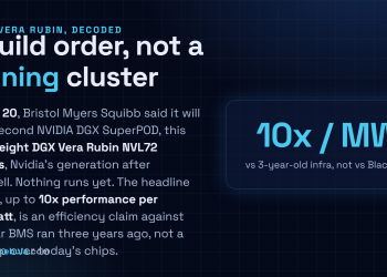 Answer card: on July 20 2026 Bristol Myers Squibb said it will add a second NVIDIA DGX SuperPOD built on eight DGX Vera Rubin NVL72 systems, Nvidia post-Blackwell generation, with an up-to-10x performance-per-megawatt claim measured against the infrastructure it replaces, not against Blackwell, and with nothing running yet.