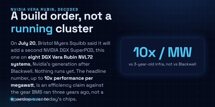 Answer card: on July 20 2026 Bristol Myers Squibb said it will add a second NVIDIA DGX SuperPOD built on eight DGX Vera Rubin NVL72 systems, Nvidia post-Blackwell generation, with an up-to-10x performance-per-megawatt claim measured against the infrastructure it replaces, not against Blackwell, and with nothing running yet.