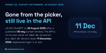 Answer card stating that OpenAI o3 was retired from ChatGPT on 26 August 2026 after a 90 day sunset window, while the o3 and o3-pro API snapshots shut down separately on 11 December 2026 with gpt-5.6-sol as the named replacement.