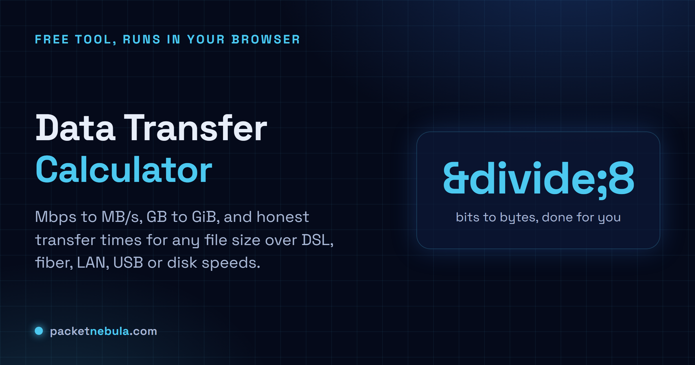 Data Transfer Calculator: Convert Mbps to MB/s, decimal to binary units, and get real transfer times.