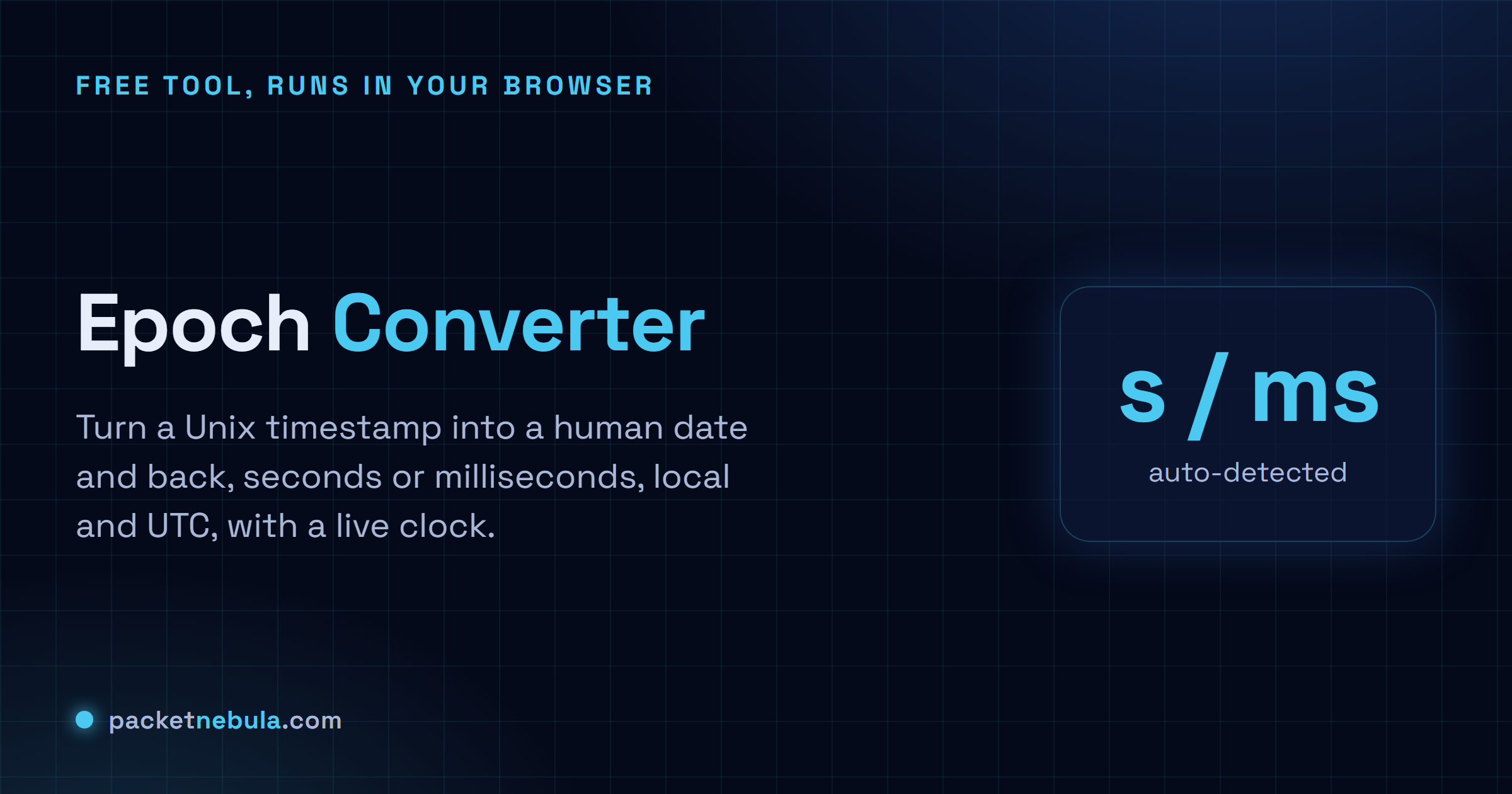Epoch Converter: Unix timestamp to date and back, seconds or milliseconds, with a live clock.