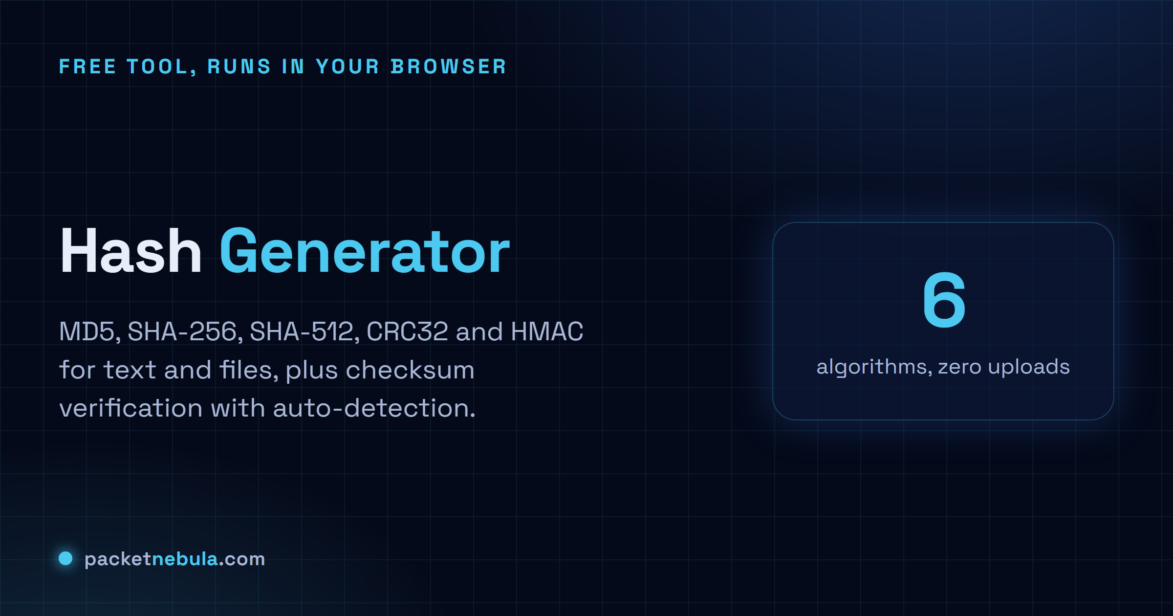 Hash Generator: MD5, SHA-256, SHA-512 and HMAC for text and files, with checksum verification.