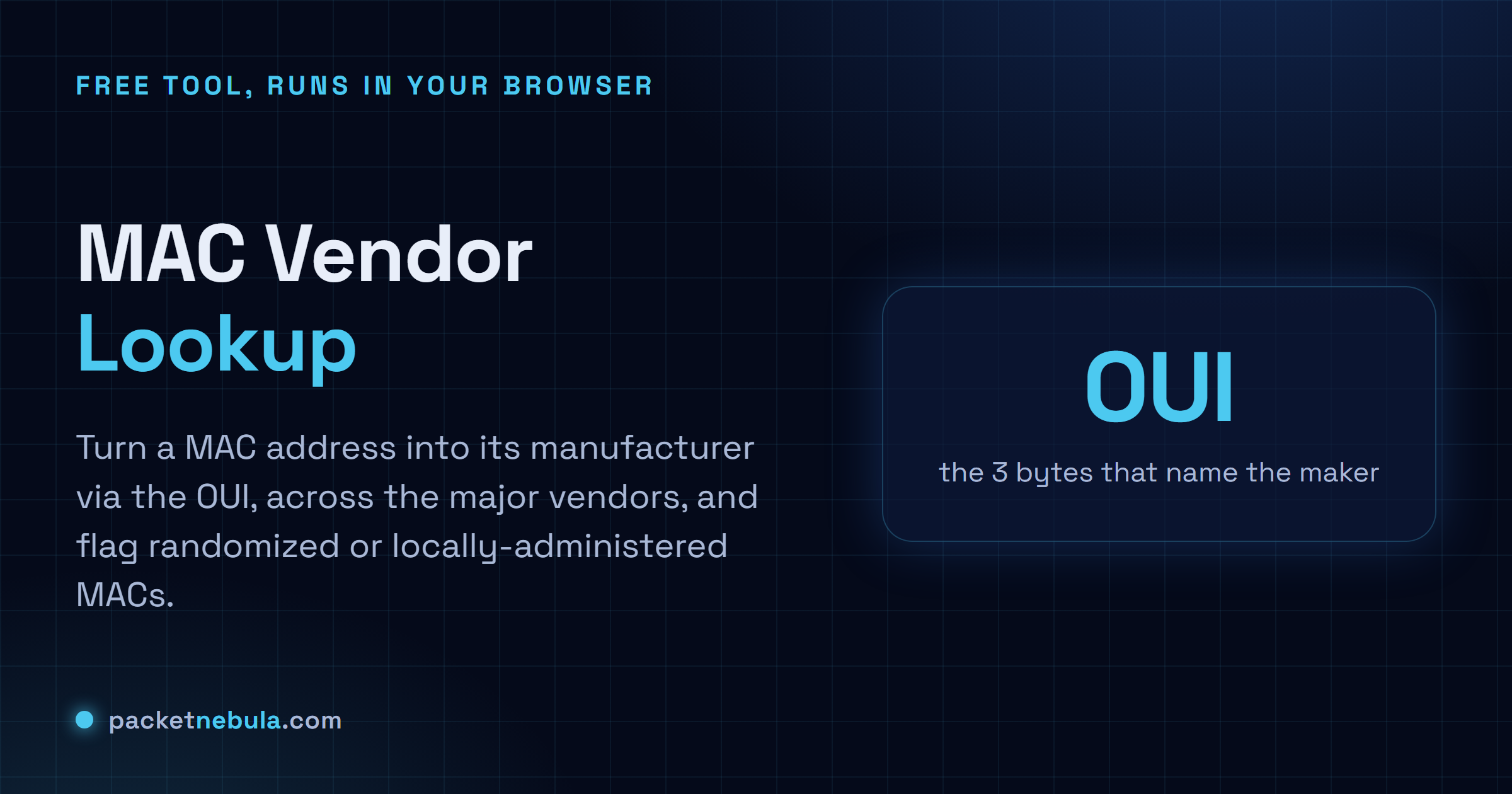 MAC Address Vendor Lookup: Find the manufacturer behind a MAC from its OUI, and flag randomized MACs.
