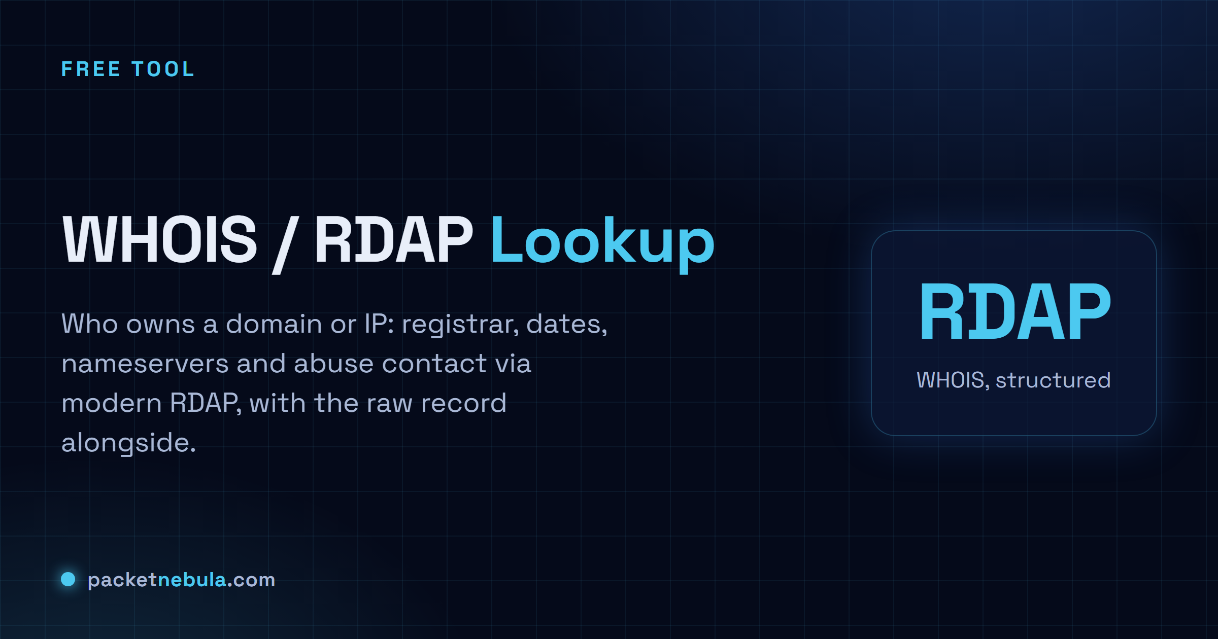 WHOIS / RDAP Lookup: Owner, registrar, dates, nameservers and abuse contact for any domain or IP, via RDAP.