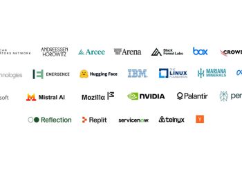 The signature page of the Open Weights and American AI Leadership letter, showing the logos of its 25 signatories including NVIDIA, Microsoft, Meta, IBM, Dell, Hugging Face, Mistral, Mozilla and Y Combinator.