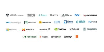 The signature page of the Open Weights and American AI Leadership letter, showing the logos of its 25 signatories including NVIDIA, Microsoft, Meta, IBM, Dell, Hugging Face, Mistral, Mozilla and Y Combinator.