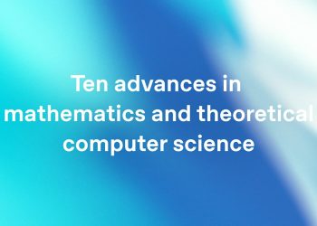 OpenAI announcement artwork for the publication Ten advances in mathematics and theoretical computer science, white text centred on a soft cyan and blue gradient.