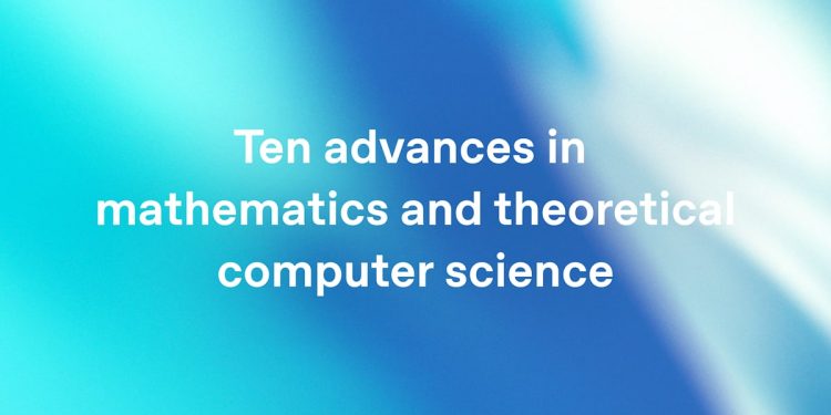 OpenAI announcement artwork for the publication Ten advances in mathematics and theoretical computer science, white text centred on a soft cyan and blue gradient.