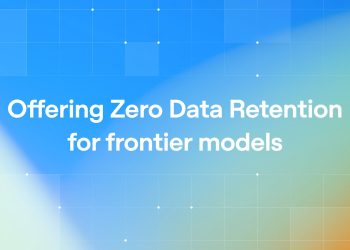 Official OpenAI announcement artwork: a blue and green gradient grid on a dark field, carrying the headline Offering Zero Data Retention for frontier models.